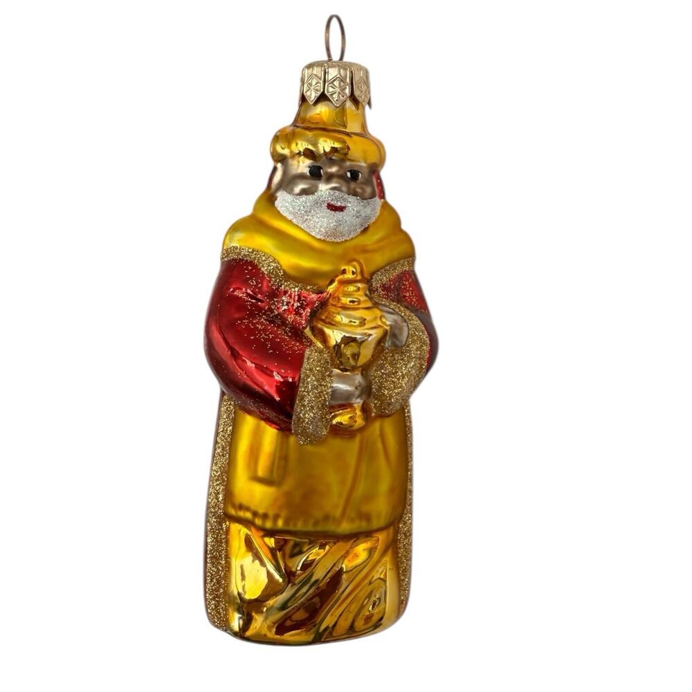Vintage Glass Christmas Ornament Wiseman Santa Poland Satin Red & Gold EUC